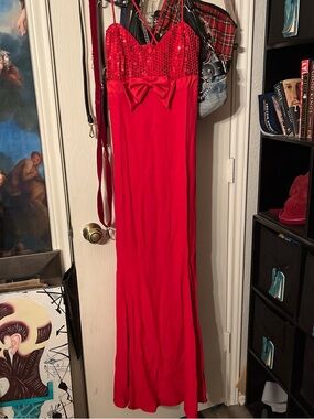 Red Sequin Bow Strapless Evening Gown